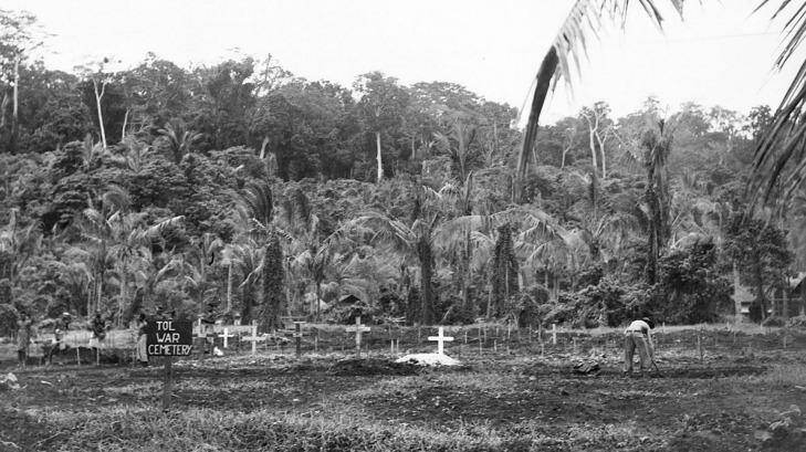 Some of the 160 soldiers massacred at Tol were buried in a nearby cemetery, while others remained in mass graves. Photo: AWM 094652